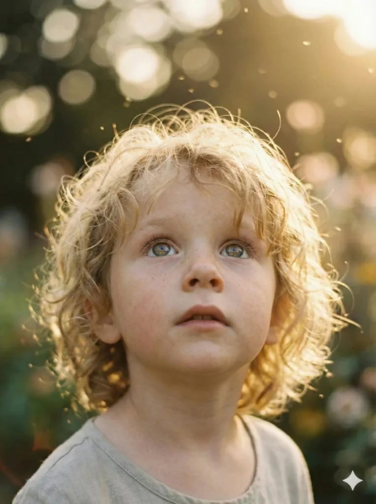 Create a soft, ethereal portrait of a young child with messy curls, looking up at the camera with an expression of pure wonder. Focus intensely on the eyes. Dust motes should be dancing in the warm, golden-hour air around the child. The skin texture should be natural with light freckles visible. Use a shallow depth of field (bokeh) to blur the garden background into soft distinct shapes. Use aspect ratio 3:4.