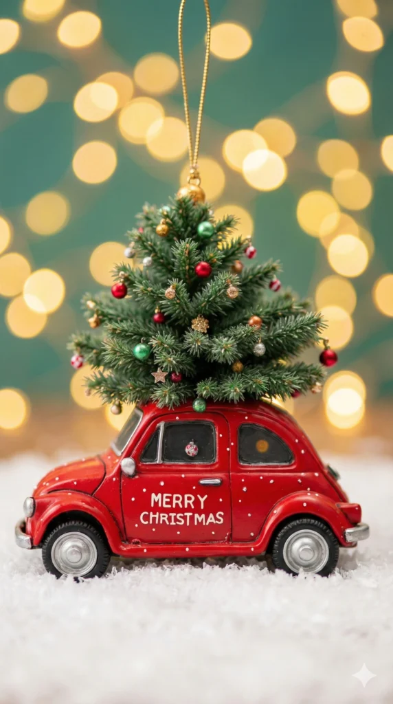19 Gemini Nano Banana Pro Prompts for Christmas Vintage red toy car carrying decorated christmas tree on roof, miniature retro beetle car ornament with white dots and text reading Merry Christmas on door, christmas tree decorated with red green gold and silver baubles, golden string for hanging, car sitting on fake snow surface, warm golden bokeh lights background, teal green blurred backdrop, festive holiday decoration photography, Use aspect ratio 9:16