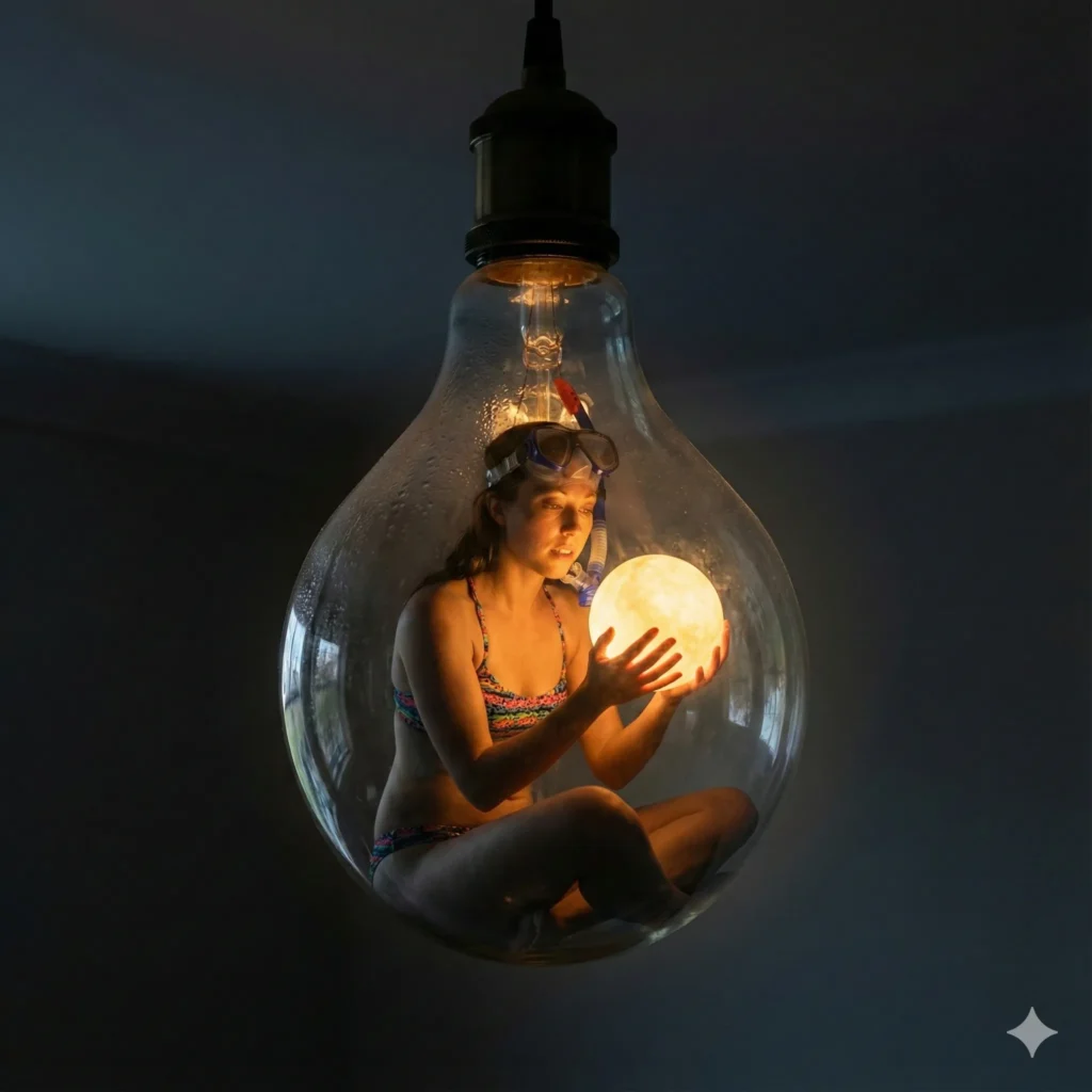 10 Gemini Nano Banana Pro Prompts for Fun Surreal Photos Create a creative surreal image of the person in the attached photo trapped inside a large, clear Edison lightbulb. Instead of a filament, the person is standing there holding a glowing orb. The lightbulb is hanging from the ceiling in a dark room, illuminating the person’s face. High contrast, dramatic lighting. Aspect ratio 1:1.