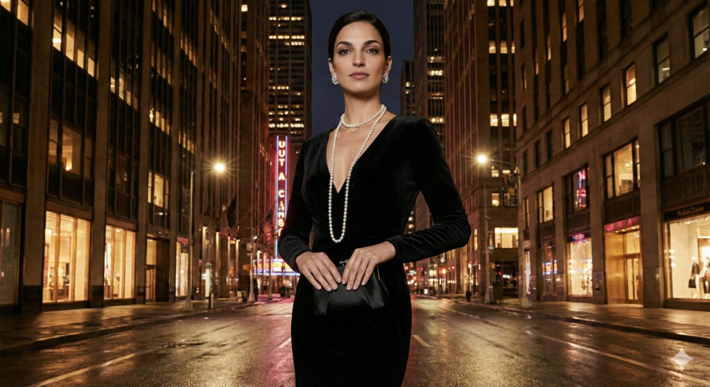 Create a high-fashion cinematic night portrait of a woman standing confidently in a glowing city street with skyscrapers behind her. Keep her face unchanged. She wears a black deep-neck dress, long pearl necklace, diamond studs and carries a small clutch. Use moody editorial lighting with dramatic highlights and shadows