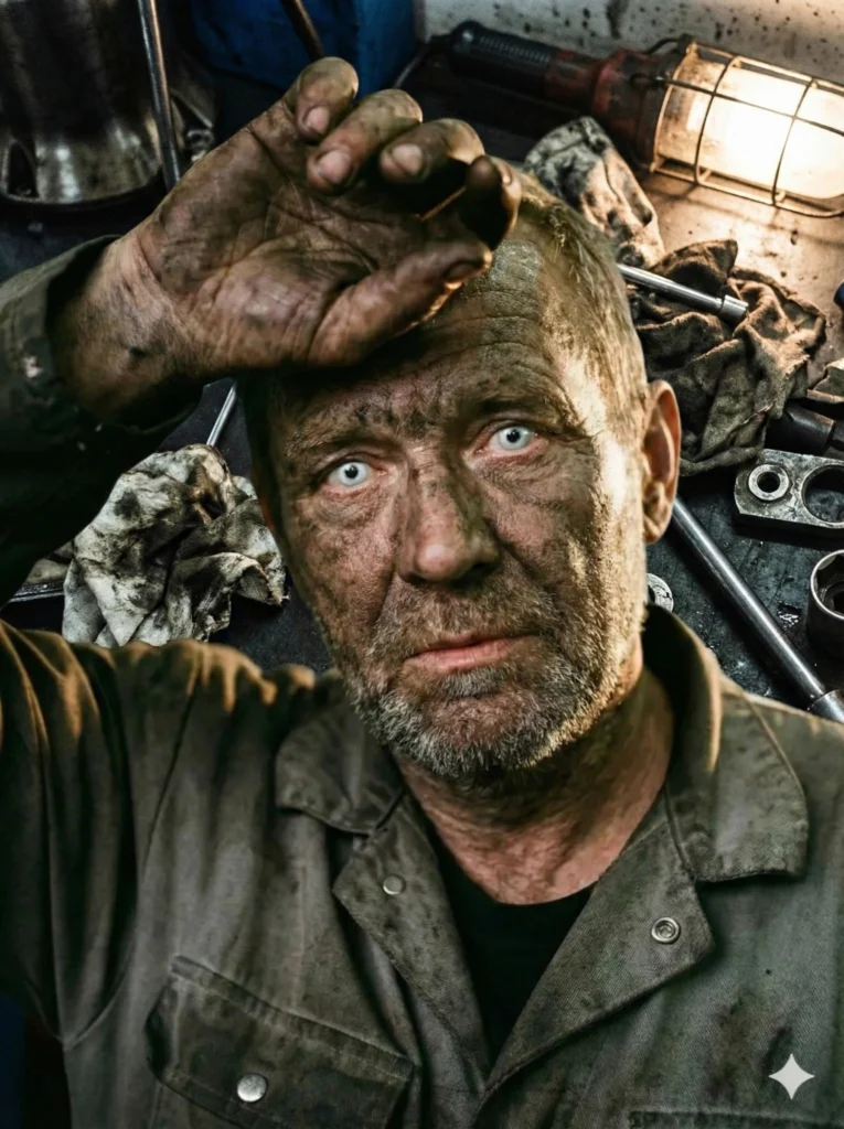 Create a gritty, soulful portrait of a mechanic. The focus is on the face, which is smeared with grease and soot, but the eyes remain startlingly clean and white, piercing through the grime. The lighting should look like a harsh work light, creating high contrast. Include a hand near the face, wiping sweat, to show calluses and dirt, emphasizing the dignity of hard labor. Use aspect ratio 3:4.