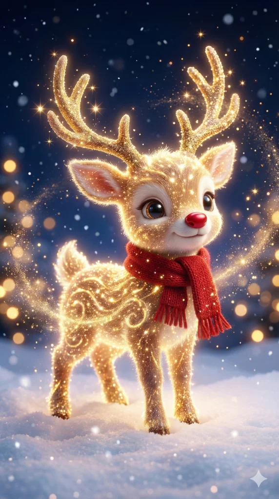 19 Gemini Nano Banana Pro Prompts for Christmas Adorable baby reindeer made of golden light and sparkles, white fluffy fur with glowing particles, golden glittery antlers with sparkles, red shiny nose, wearing red knitted scarf, standing in snow, dark blue night background with warm bokeh lights, magical ethereal glow effect, 3D render style, kawaii cute christmas character, Use aspect ratio 9:16