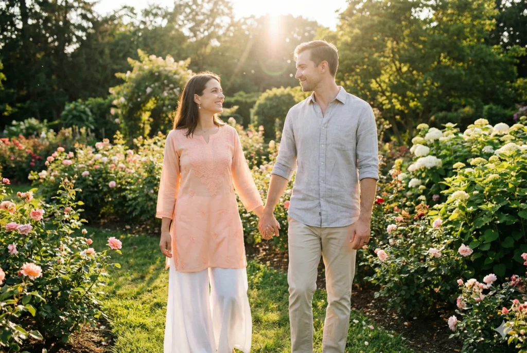 11 Gemini Nano Banana Pro Prompts for Portrait Ideas for Perfect HD Shots Prompt: Generate a 4K portrait of a fashionable american couple walking through a sunlit garden. The girl wears a pastel peach kurti with white palazzo pants, and the boy wears a light grey shirt with beige trousers. Capture soft eye contact, gentle smiles, and casual hand-in-hand pose. Highlight outfit textures, and warm sunlight. Ensure a fresh, romantic, and attractive american couple portrait.