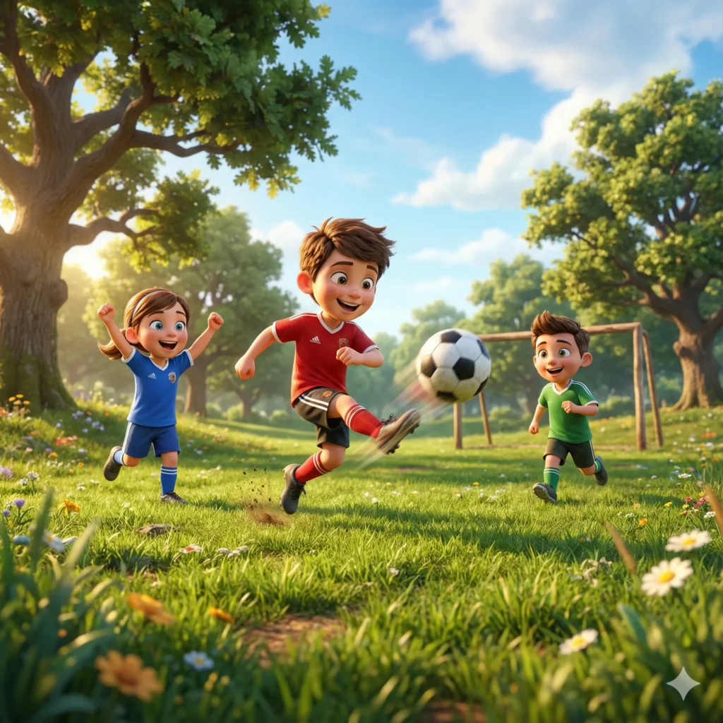 How to Create Beautiful 3D Cartoons Using Gemini Nano Banana Create a realistic 3D cartoon illustration of three kids playing soccer in a sunny park. The style should look vibrant, smooth, and detailed with expressive characters and lifelike lighting. The environment should be a grassy field surrounded by trees and a bright blue sky. Use soft cinematic light, balanced shadows, and a shallow depth of field to add realism. Camera angle: wide shot. The scene should include a soccer ball in mid-action and a goalpost in the background. Add fine surface textures like grass details, clothing fabric, and subtle motion blur on the ball. Overall tone: energetic and joyful.