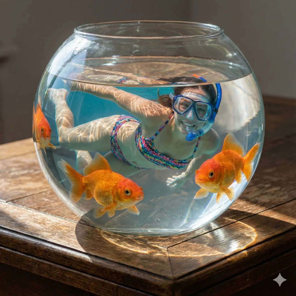 10 Gemini Nano Banana Pro Prompts for Fun Surreal Photos Create a hyper-realistic, surreal image of the person in the attached photo swimming underwater inside a large, crystal-clear glass fishbowl that is sitting on a vintage wooden table. The person is wearing colorful swimwear and snorkeling goggles. They are surrounded by three giant, friendly-looking goldfish who are looking at the person curiously. Light refracts through the water and glass, creating beautiful caustics on the table. 8k resolution, cinematic lighting. Aspect ratio 1:1.Gemini Nano Banana Pro Prompts for Fun Surreal Photos