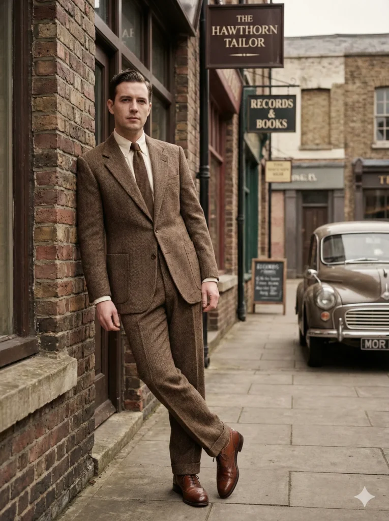Create a stylish vintage portrait of a man dressed in a tailored brown tweed suit, a cream shirt, a slim tie and polished leather shoes. He should stand with a relaxed upright posture while leaning slightly against a brick storefront. Use soft natural lighting that highlights the textures of the fabric. Add a muted warm color tone inspired by 1950s film photography. Set the background on a quiet retro street with old signboards and a parked classic car. Use aspect ratio 3:4.Gemini Nano Banana Pro Prompts for Stylish Vintage Photos
