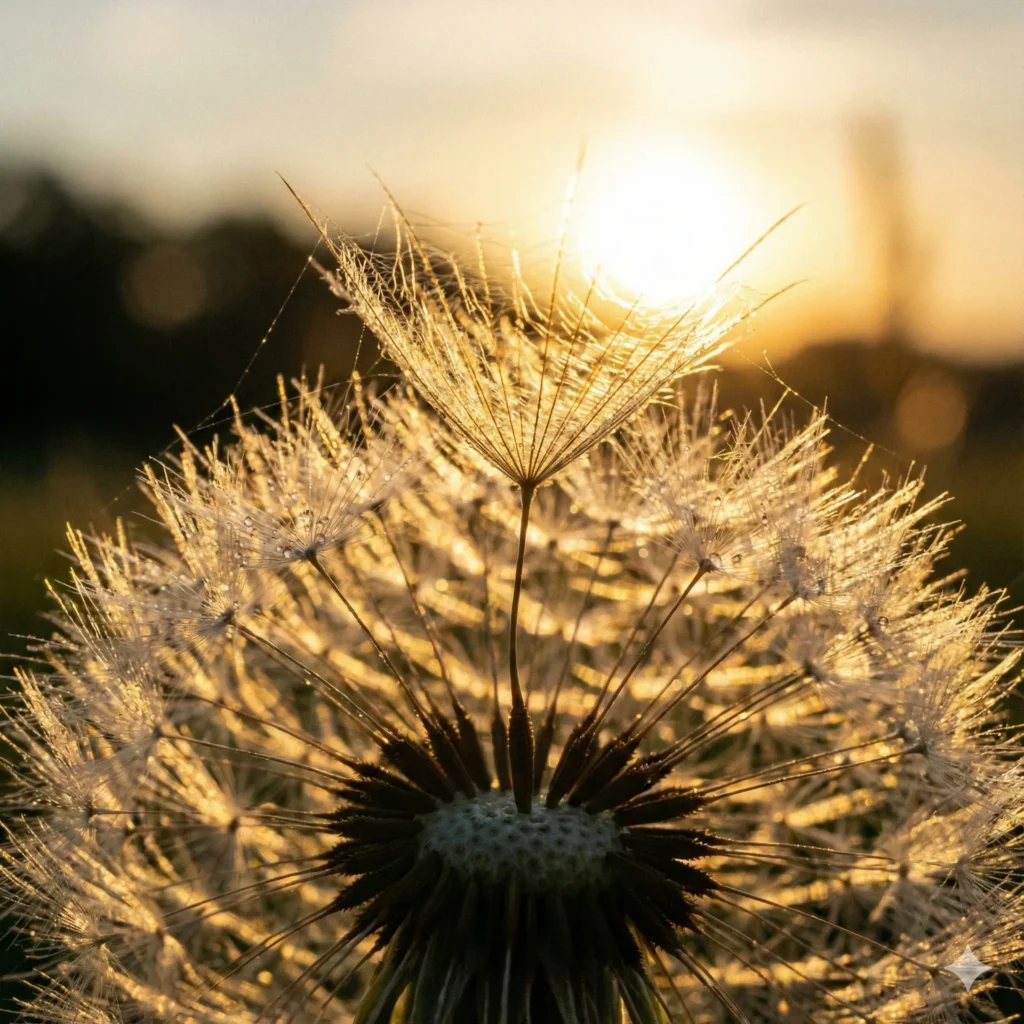 Create a delicate close up of a dandelion seed head (puffball) ready to blow away. Focus on the parachute-like structure of a single seed among the many. The lighting should be backlit by a sunset, creating a halo effect around the fluffy white textures. Aspect Ratio 1:1.