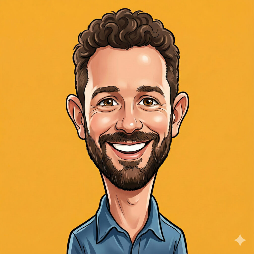 How to Turn Your Photo into a Caricature Using Gemini Create a high quality digital caricature based on the reference photo. Keep the facial identity accurate while exaggerating the head size, smile, eyes, and ears in a fun and expressive way. Use bold clean outlines, smooth shading, and glossy highlights. Maintain the real hairstyle, skin tone, beard details, and glasses if present in the reference. Give the character a bright energetic expression. Keep the neck slightly elongated and the shoulders simplified to match the stylized look. Use a flat bold background color similar to illustrated caricatures so the character stands out clearly. Use aspect ratio 1:1.