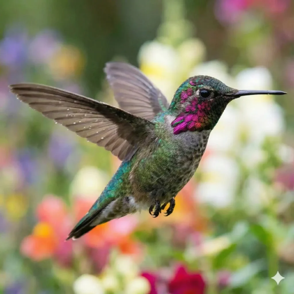Create a close up macro style shot of a hummingbird hovering mid-air, showing iridescent feathers and tiny details in its wings. Use a blurred floral backdrop. Use aspect ratio 1:1.