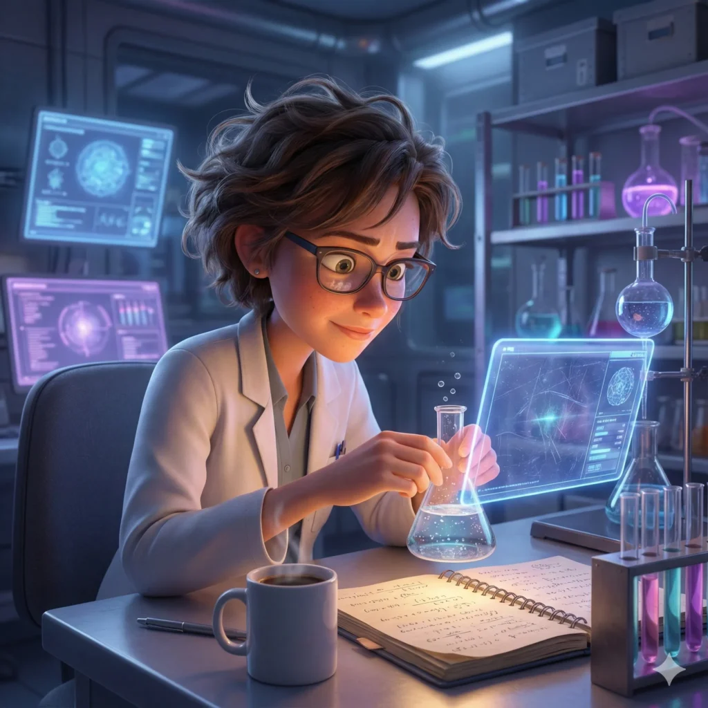 How to Create Beautiful 3D Cartoons Using Gemini Nano Banana Create a realistic 3D cartoon illustration of a scientist working late at a glowing laboratory desk. The style should look vibrant, smooth, and detailed with expressive characters and lifelike lighting. The environment should be a futuristic lab with holographic screens and test tubes. Use soft cinematic light, balanced shadows, and a shallow depth of field to add realism. Camera angle: medium close-up. The scene should include a coffee mug, a notebook, and glowing scientific instruments. Add fine surface textures like reflections on glass, paper texture, and soft light on the scientist’s face. Overall tone: focused and mysterious.