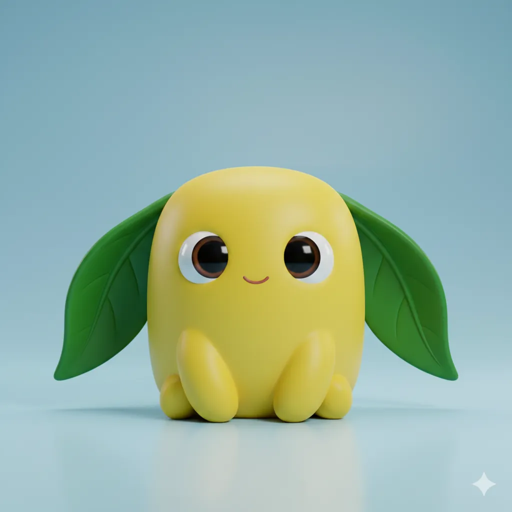 How to Create Cute Monsters Using Gemini Create an ultra cute lemon yellow monster with floppy leaf ears and a soft, rounded marshmallow shaped body. Place the character on a smooth pale blue background. The monster has expressive eyes and a sweet little smile, with glossy highlights that add charm. The style is 3D cartoon with gentle subsurface glow, soft shadows, and high quality lighting inspired by Blender animations. The surface texture is smooth and plush-like, with vibrant solid colors. The overall design is simple, adorable, and full of personality. Use aspect ratio 1:1.How to Create Cute Monsters Using Gemini