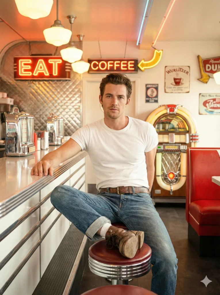 Create a vintage portrait of a man wearing a white T-shirt, rolled up jeans and a leather belt. He should sit casually on a diner stool with one foot resting on the stool bar. Use bright indoor neon lighting mixed with warm highlights reflecting on chrome surfaces. Add a slightly faded color tone reminiscent of old diner photos. Show a classic red booth, a jukebox and retro signage in the background. Use aspect ratio 3:4.