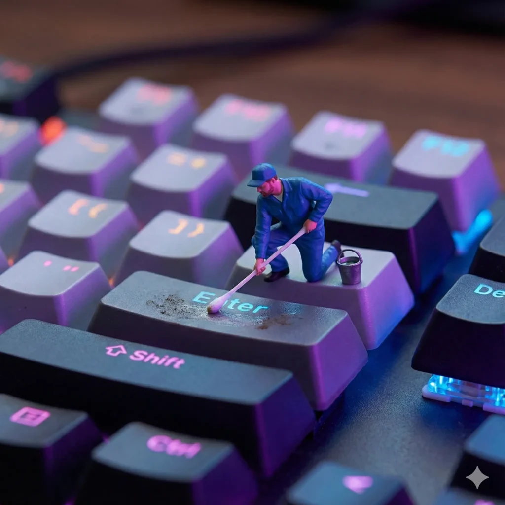 10 Gemini Nano Banana Pro Prompts for Fun Surreal Photos Create a funny miniature scene of the person in the attached photo dressed as a janitor, scrubbing the ‘Enter’ key of a mechanical keyboard. They are using a Q-tip (cotton swab) as a mop. The RGB lights from the keyboard cast a neon glow on their face. The depth of field is shallow, blurring the surrounding keys. Aspect ratio 1:1.