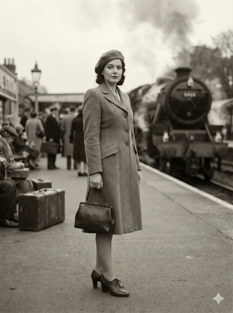 Create a vintage styled photograph of a woman dressed in a tailored wool coat, a beret and heeled shoes while holding a structured handbag. She should stand near a station platform with a composed posture and a soft confident gaze. Use overcast lighting with gentle highlights that match old film aesthetics. Add a monochrome or washed antique color tone. Include a steam train in the background to complete the setting. Use aspect ratio 3:4.Gemini Nano Banana Pro Prompts for Stylish Vintage Photos