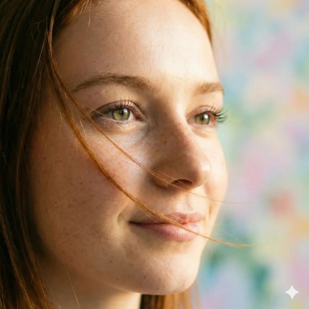 Create a close up portrait of a young woman with soft glowing skin, warm natural light on her face, delicate freckles, and a gentle breeze moving a few strands of hair. Capture crisp details in her eyelashes and subtle reflections in her eyes, with a blurred pastel background that adds depth. Use aspect ratio 1:1.