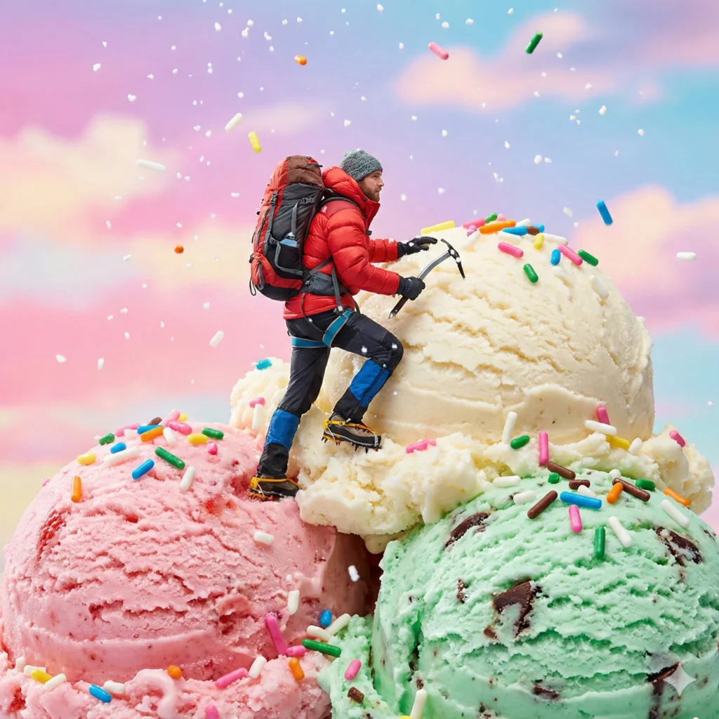 10 Gemini Nano Banana Pro Prompts for Fun Surreal Photos Create a fun, whimsical photo showing a tiny version of the person in the attached photo climbing a massive mountain made of three giant scoops of strawberry, vanilla, and mint ice cream. The person is dressed in winter hiking gear. Multi-colored sprinkles are falling from the sky like snow. The background is a bright, candy-colored sky. High detail, macro photography style. Aspect ratio 1:1.