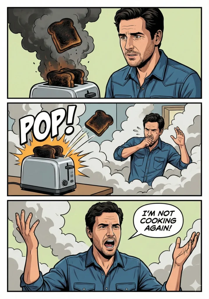 How to Create a Personalized Comic Strip with Gemini Create a 3-panel comic strip featuring the same character from the reference photo. Style: bold outlines, cel-shaded comic colors. Panel 1: The character tries to cook breakfast and burns the toast. Panel 2: Smoke fills the room and the toaster pops aggressively. Panel 3: The character raises hands and says: ‘I’m not cooking again!’ Keep the face consistent in all panels.How to Create a Personalized Comic Strip with Gemini