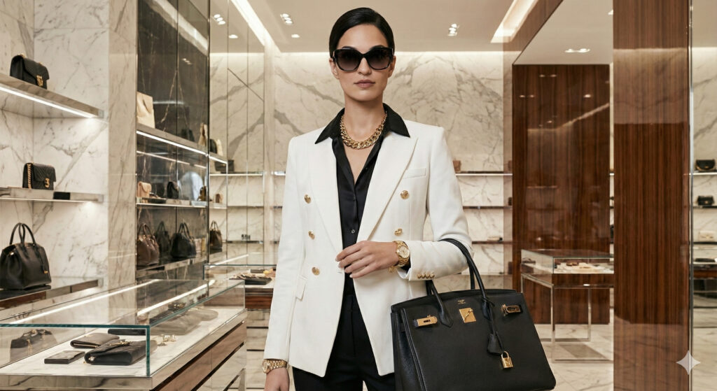 Create a luxury boutique portrait of a woman standing inside a designer store. Keep her facial identity unchanged. She wears a tailored white blazer with gold buttons, black silk blouse, dark sunglasses, gold watch, statement necklace and carries a leather handbag. Use crisp, high-definition fashion lighting with a premium backdrop.