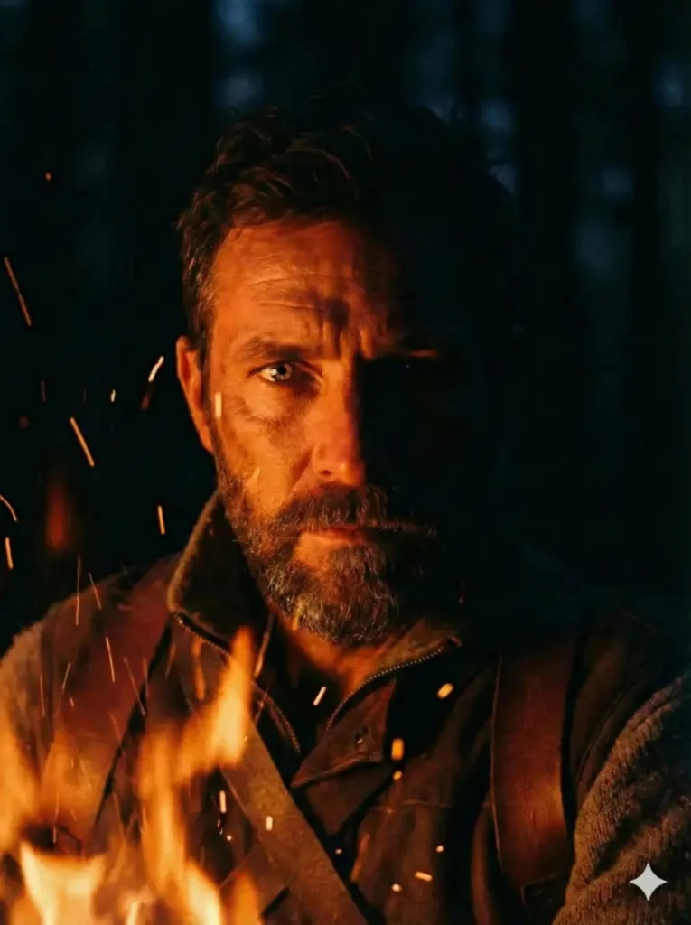 Create a low-light portrait of a rugged explorer sitting near a campfire at night. The orange glow of the fire creates a strong chiaroscuro effect, illuminating only half of the face while the rest fades into the darkness of the forest. Sparks from the fire float in the foreground. The subject’s eyes reflect the dancing flames, conveying a primal connection to nature. Use aspect ratio 3:4.