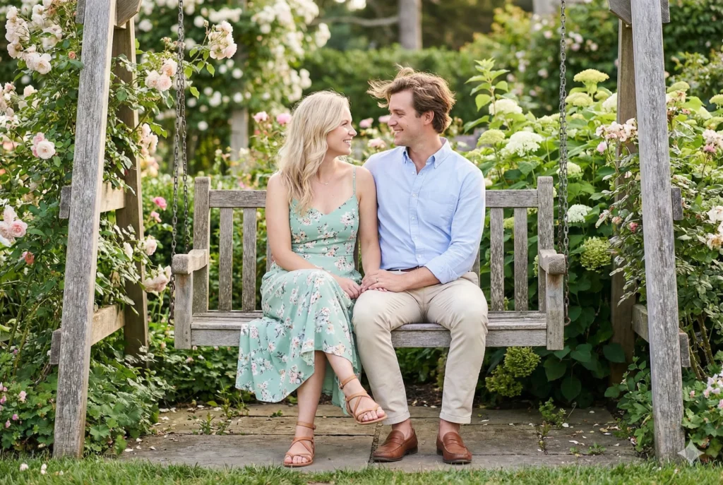 11 Gemini Nano Banana Pro Prompts for Portrait Ideas for Perfect HD Shots Prompt: Generate a 4K ultra-HD portrait of a fashionable american couple sitting on a garden swing. The girl wears a mint green floral dress with delicate sandals, and the boy wears a pastel blue shirt with beige chinos. Capture intimate eye contact, playful smiles, and soft wind in hair. Highlight crisp outfit details, and lush garden ambiance. Ensure a fresh, photogenic, and stylish american couple portrait.