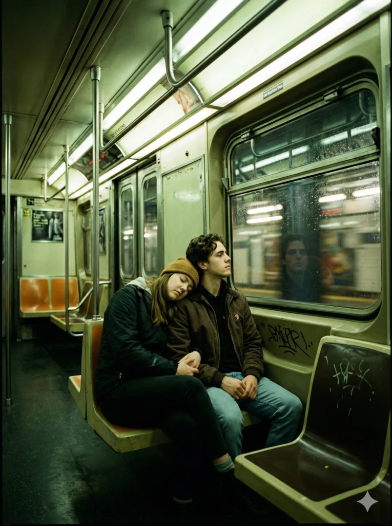 Create a romantic, urban scene inside a moving subway car. The car is mostly empty. The couple is sitting side by side; one has fallen asleep on the other’s shoulder. The awake partner is looking out the window at the motion-blurred tunnel lights, with a reflection of the couple visible in the glass. The lighting is fluorescent and slightly green, adding to the urban realism. Use aspect ratio 3:4.