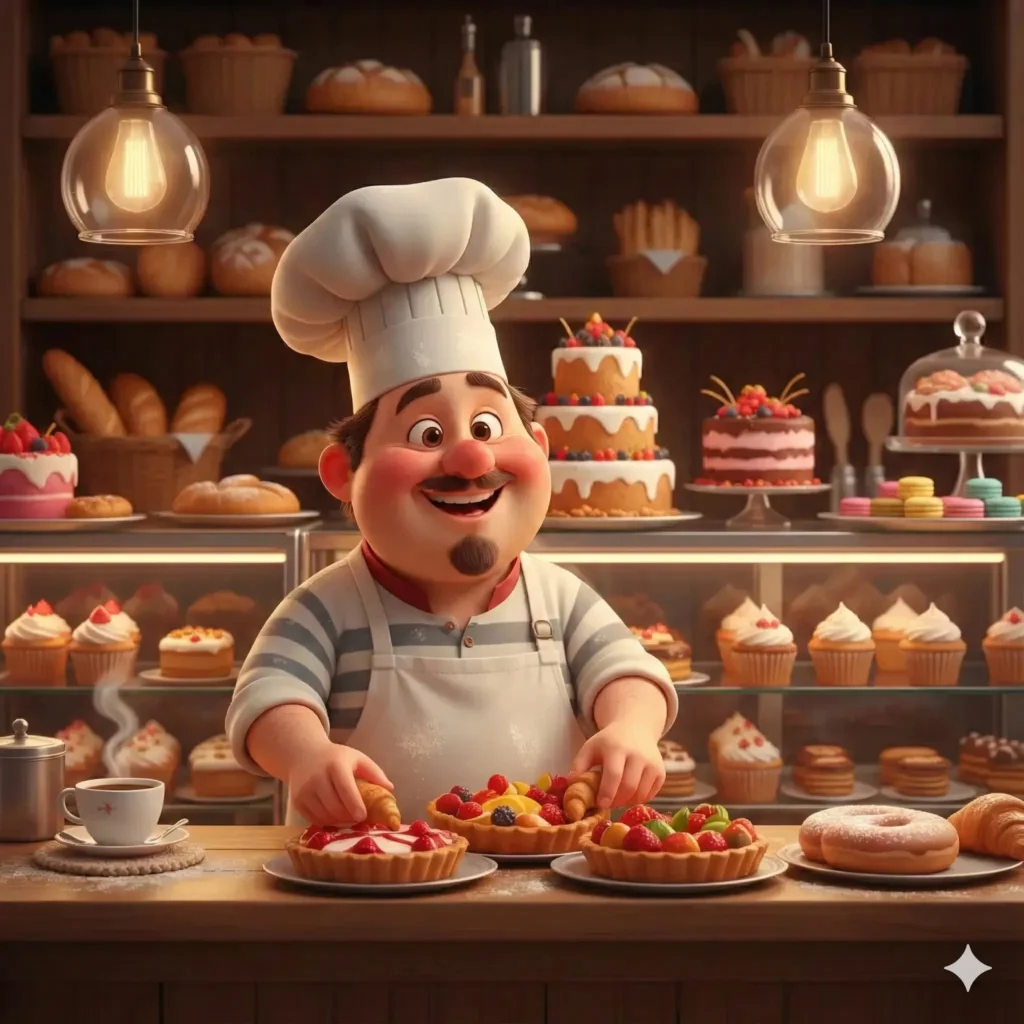 How to Create Beautiful 3D Cartoons Using Gemini Nano Banana Create a realistic 3D cartoon illustration of a cheerful baker arranging pastries on a counter inside a small bakery. The style should look vibrant, smooth, and detailed with expressive characters and lifelike lighting. The environment should be a warm bakery filled with bread, cakes, and colorful desserts on wooden shelves. Use soft cinematic light, balanced shadows, and a shallow depth of field to add realism. Camera angle: medium shot. The scene should include a glass display counter and a steaming coffee cup. Add fine surface textures like flour on the apron, reflections on glass, and warm glow from the lights. Overall tone: cozy and welcoming.