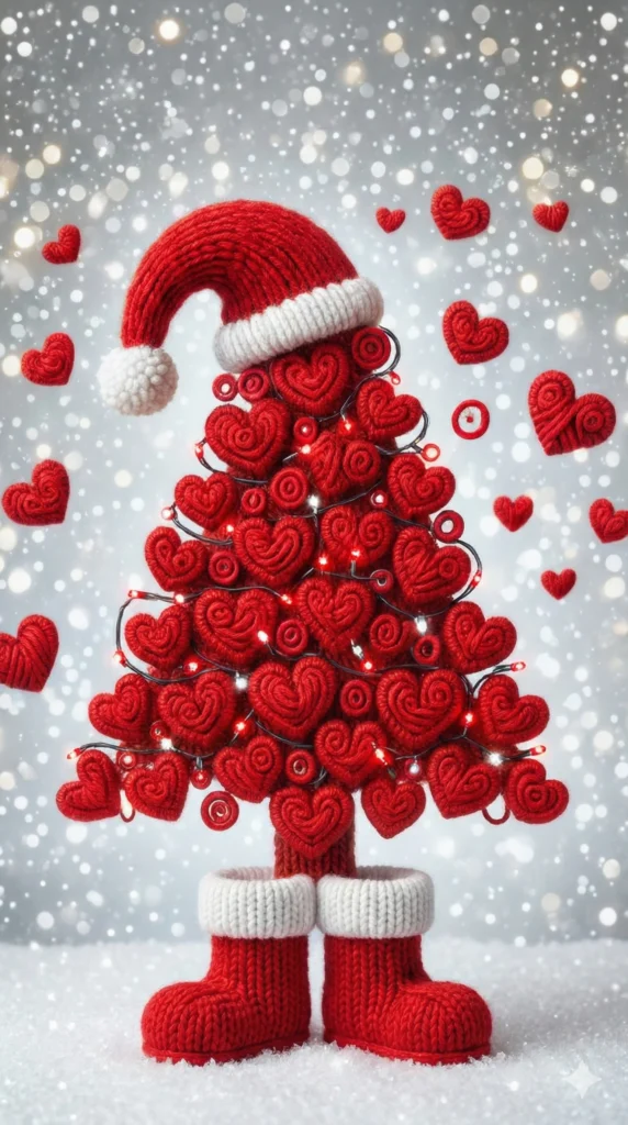 19 Gemini Nano Banana Pro Prompts for Christmas Whimsical christmas tree made entirely of red yarn hearts and spirals, wearing red knitted santa hat with white pompom on top, red knitted boots at base, floating red hearts around, silver sparkle bokeh background with snowfall, string of tiny lights wrapped around tree, craft yarn texture, digital illustration style, romantic christmas art, red and white color palette, Use aspect ratio 9:16