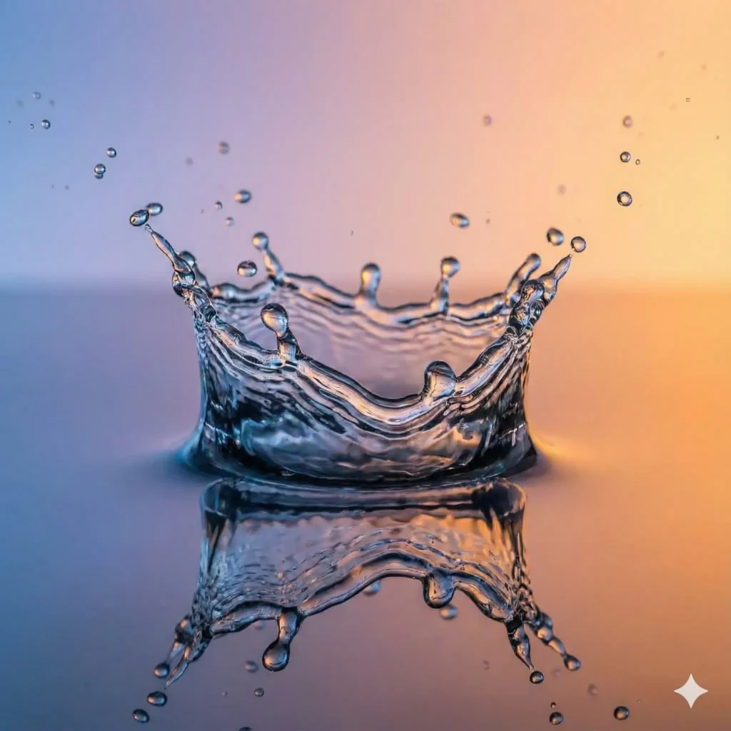 Create a close up artistic splash photo of water frozen in motion, capturing sharp droplets and smooth reflections. Place a soft gradient background behind it for contrast. Use aspect ratio 1:1.