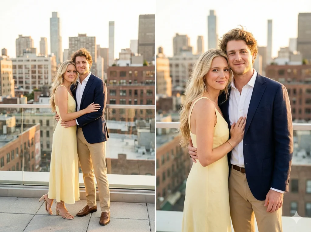 11 Gemini Nano Banana Pro Prompts for Portrait Ideas for Perfect HD Shots Prompt: Generate a 4K portrait of a stylish american couple on a terrace with city skyline behind. The girl wears a pastel yellow maxi dress with strappy heels, and the boy wears a navy blazer over a white shirt with trousers. Capture gentle embrace, soft smiles, and flowing hair. Highlight outfit textures, and sunset light. Ensure a trendy, intimate, and attractive american couple portrait.