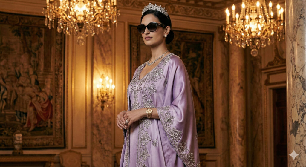 Create a regal high-fashion portrait of a woman standing in a grand ballroom under golden chandeliers. Preserve her face exactly. She wears a lavender silk gown with silver embroidery, a diamond tiara and necklace. Use luxurious cinematic lighting and ultra-detailed textures for a royal editorial vibe.