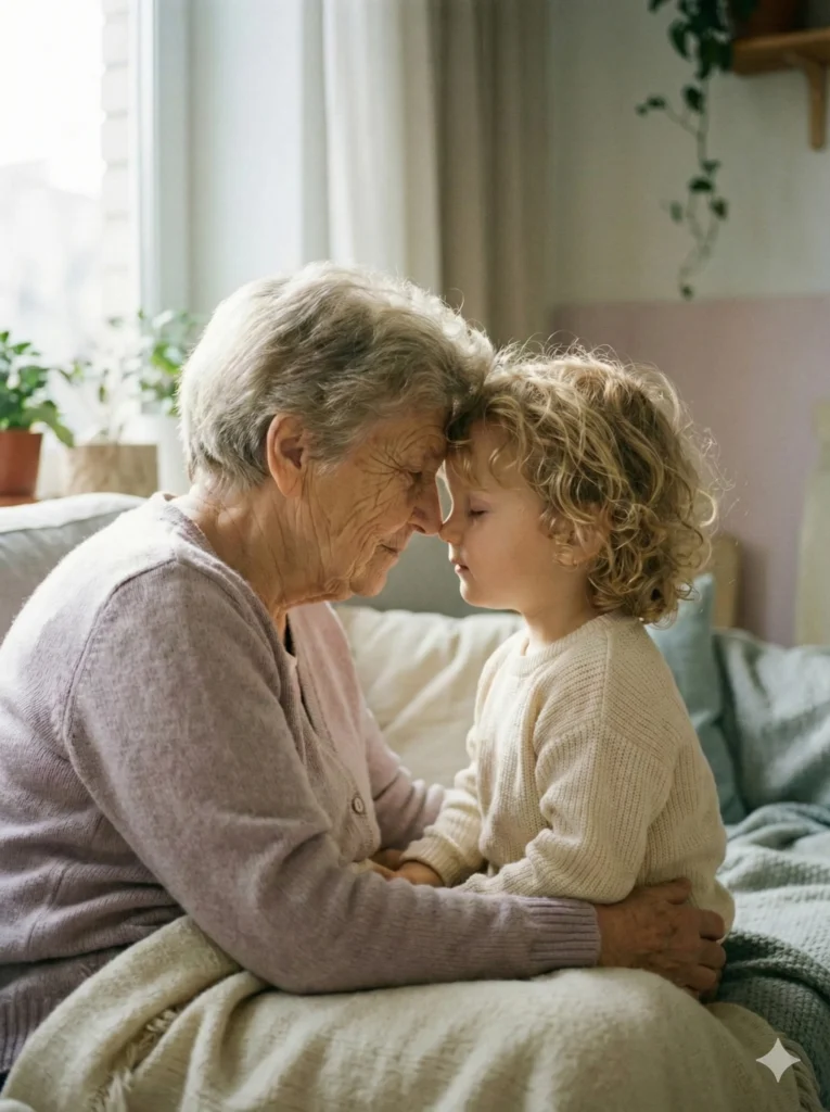Create a heartwarming photo of a grandmother pressing her forehead gently against the forehead of her grandchild. Their eyes are closed, sharing a moment of silent communication and love. The lighting should be soft and window-lit, casting gentle highlights on their hair. The texture of the grandmother’s wrinkled skin should contrast beautifully with the smooth skin of the child. The color palette should be muted pastels and warm creams. Use aspect ratio 3:4.