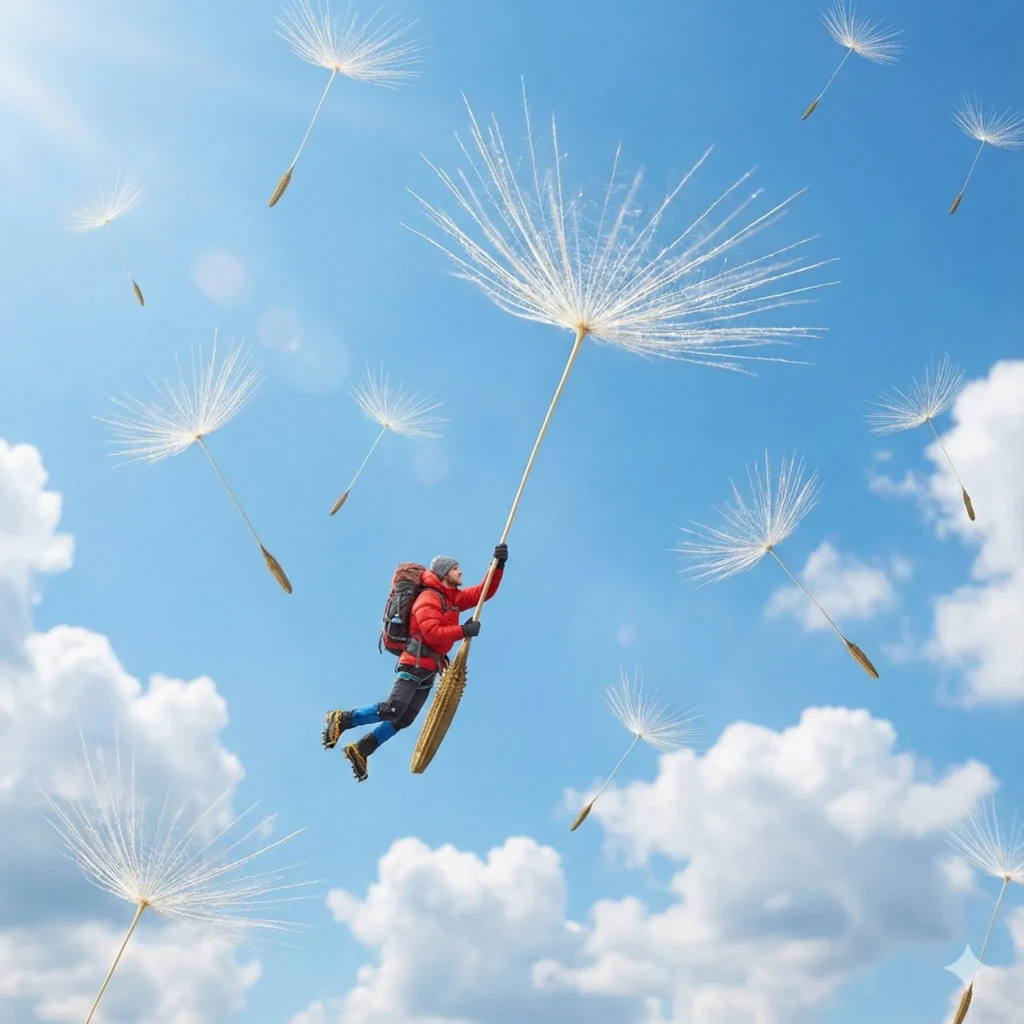 10 Gemini Nano Banana Pro Prompts for Fun Surreal Photos Create a dynamic surreal photo of the person in the attached photo holding onto the stem of a giant dandelion seed as if it were a parachute, floating away into a blue summer sky. The person looks small, tiny and weightless. Other dandelion seeds are floating around them. Bright and airy feel. Aspect ratio 1:1.