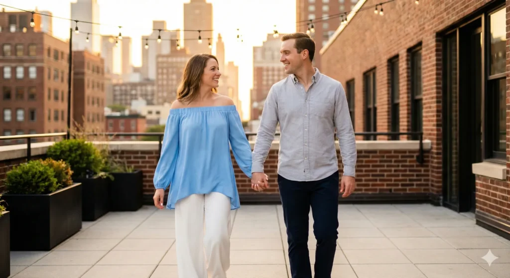 11 Gemini Nano Banana Pro Prompts for Portrait Ideas for Perfect HD Shots Prompt: Generate a 4K ultra-HD portrait of a stylish american couple walking hand-in-hand on a rooftop at sunset. The girl wears a sky-blue off-shoulder kurti with white palazzo pants, and the boy wears a light grey shirt with dark trousers. Capture relaxed, natural smiles and gentle gaze at each other. Highlight crisp outfit details, and romantic sunset ambiance. Ensure a fresh and attractive urban couple portrait.