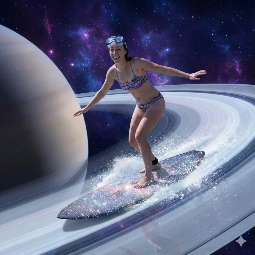 10 Gemini Nano Banana Pro Prompts for Fun Surreal Photos Create a breathtaking surreal photo of the person in the attached photo surfing on the icy, translucent rings of the planet Saturn. The person is balancing on a surfboard made of stardust and looks thrilled. The background is the deep void of space filled with vibrant purple and blue nebulae and distant twinkling stars. Dreamy, sci-fi aesthetic. Aspect ratio 1:1.
