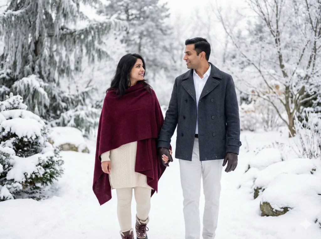 11 Gemini Nano Banana Pro Prompts for Portrait Ideas for Perfect HD Shots Prompt: Generate a 4K portrait of a fashionable american couple walking in a snowy garden. The girl wears a maroon woolen shawl over cream kurti with leggings, and the boy wears a dark grey wool coat over white shirt and trousers. Capture intimate eye contact, gentle smiles, and hands held together. Highlight layered outfit textures, and wintery soft light. Ensure a cozy, romantic, and stylish american couple look.