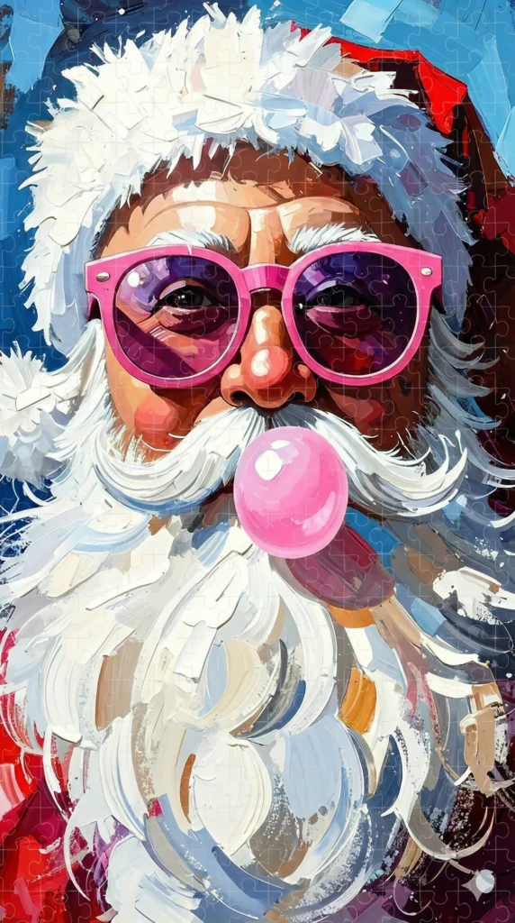 19 Gemini Nano Banana Pro Prompts for Christmas Santa Claus portrait in expressive oil painting style, wearing pink sunglasses, blowing pink bubble gum bubble, white fluffy beard with bold brushstrokes, red and blue background, jigsaw puzzle texture overlay, pop art christmas illustration, impasto technique, vibrant colors Use aspect ratio 9:16