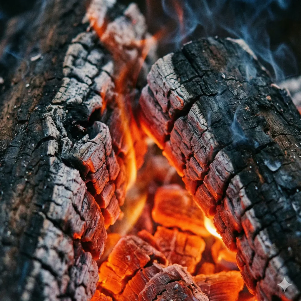 Create a fiery close up of burning charcoal in a fire. Focus on the glowing red and orange cracks within the black, ash-covered wood. Capture the heat radiating from the texture and the subtle wisps of smoke rising. The lighting comes entirely from the glow of the ember itself. Aspect Ratio 1:1.