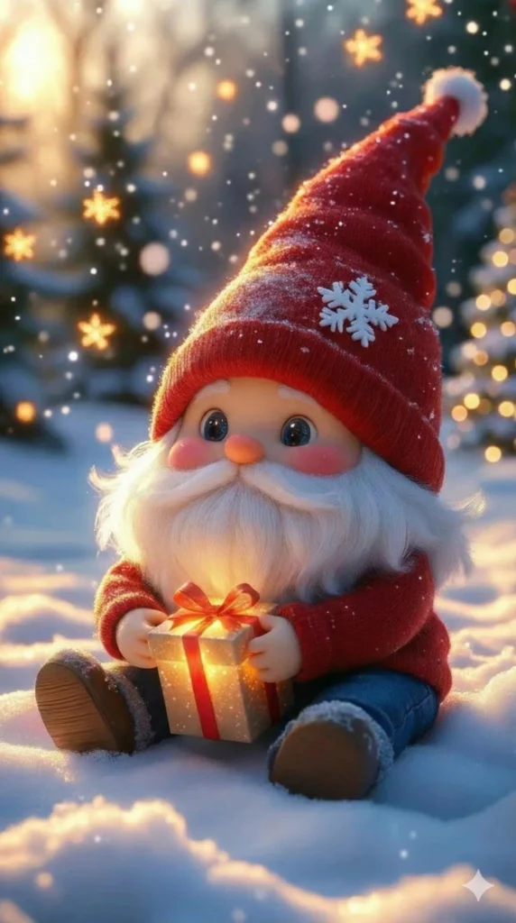 19 Gemini Nano Banana Pro Prompts for Christmas Adorable 3D Christmas gnome sitting in snow, tall pointy red knitted beanie with snowflake decoration, big round eyes, pink rosy cheeks and nose, fluffy white beard, red knit sweater, blue jeans, brown boots, holding glowing gift box with red ribbon, blurred christmas tree and golden bokeh lights background, Pixar style 3D render, cute kawaii aesthetic Use aspect ratio 9:16