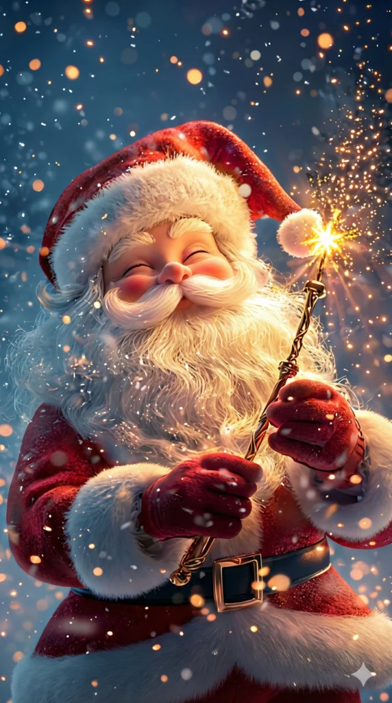 19 Gemini Nano Banana Pro Prompts for Christmas Cute chubby Santa Claus holding magic wand with glowing star tip, eyes closed in joyful smile, red velvet suit with white fur trim, fluffy white beard, red santa hat, dark blue night sky background with golden bokeh lights and falling snow, magical sparkles, warm lighting, 3D render style, whimsical christmas illustration Use aspect ratio 9:16
