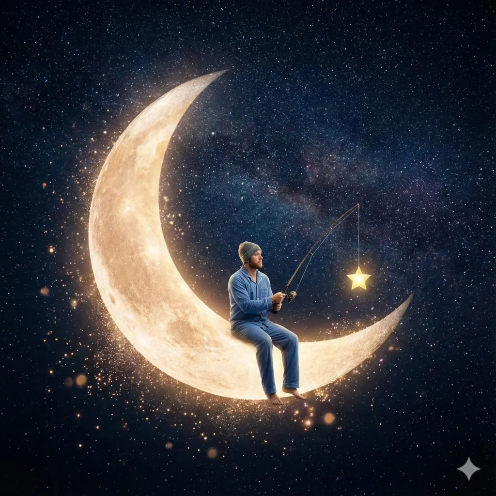 10 Gemini Nano Banana Pro Prompts for Fun Surreal Photos Create a whimsical and hyperrealistic tiny version of the person in the attached photo sitting on the edge of a glowing crescent moon that hangs in a starry night sky. The person is holding a fishing rod, but instead of a hook, the line is catching a glowing star. The person is wearing casual night dress. Magical atmosphere with sparkling particles. Aspect ratio 1:1.