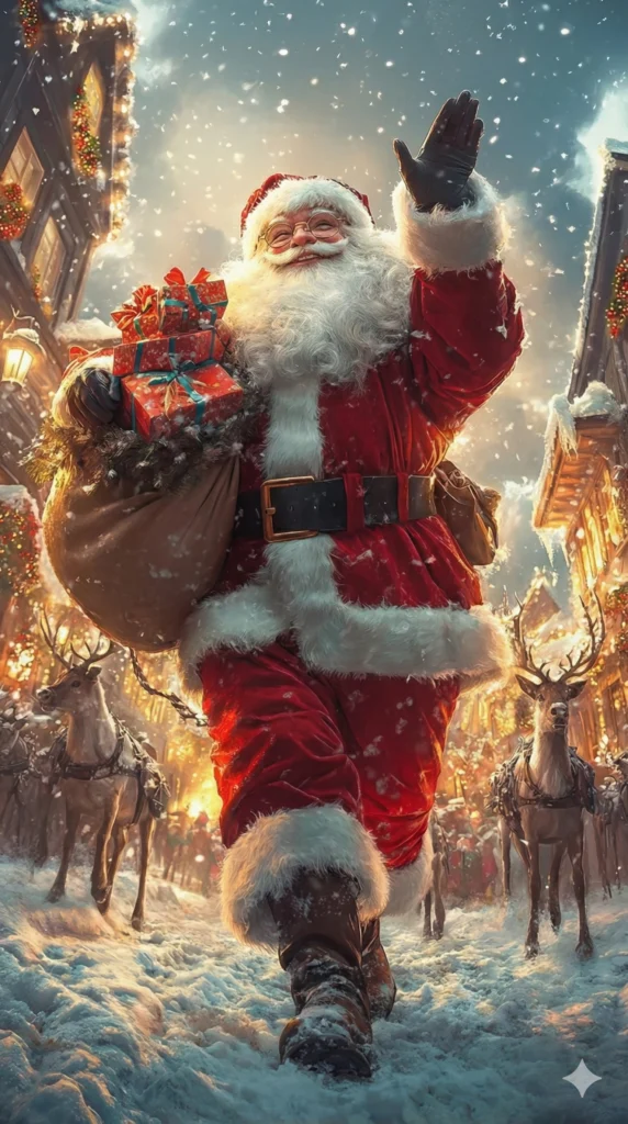 19 Gemini Nano Banana Pro Prompts for Christmas Santa Claus walking through snowy Christmas village at night, waving hand, carrying brown sack with red wrapped gifts, traditional red velvet suit with black belt and gold buckle, round glasses, white beard, reindeer in background, snow falling, warm glowing street lamps, decorated buildings with christmas lights, cinematic digital painting, dramatic lighting, festive atmosphere Use aspect ratio 9:16