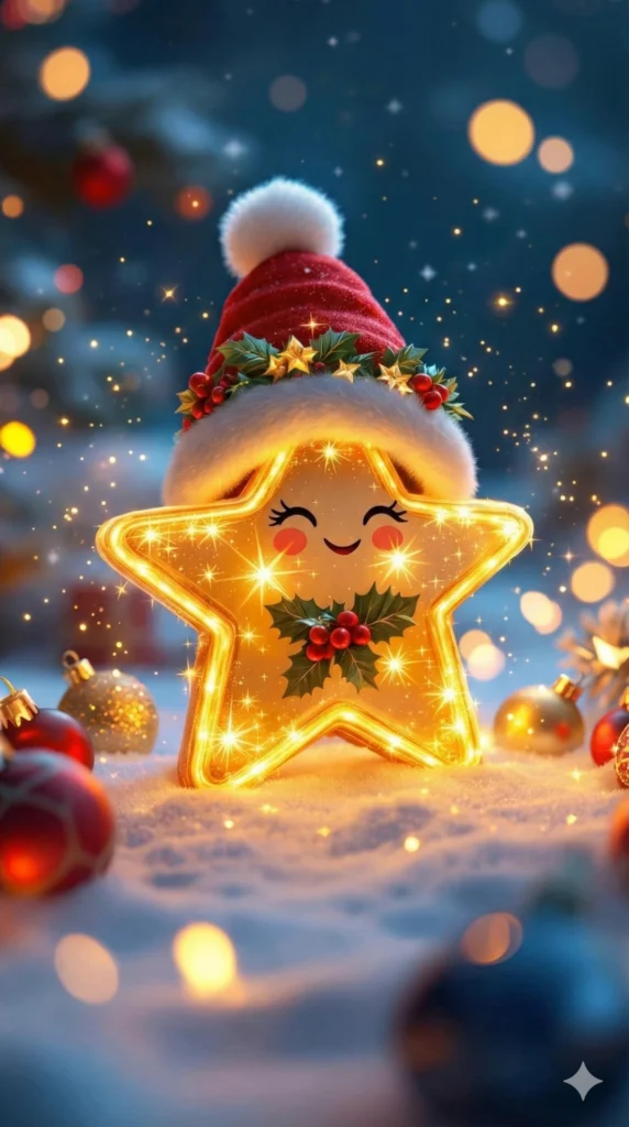 19 Gemini Nano Banana Pro Prompts for Christmas Cute kawaii glowing golden star character with happy closed eyes and rosy cheeks, wearing red santa hat with white fur trim and holly berry decoration, holly leaves on chest, sitting in snow, red christmas ornaments around, dark blue bokeh background with warm golden lights, 3D render style, magical sparkles and glow effect, festive christmas illustration, Use aspect ratio 9:16