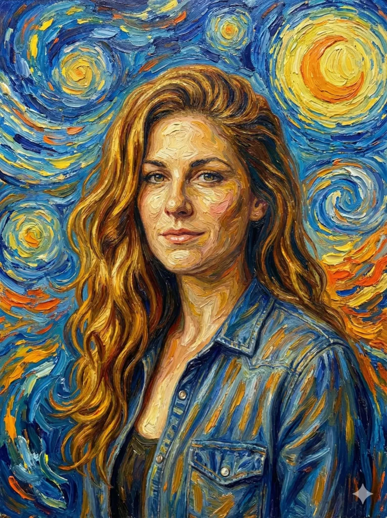 How to Turn Your Photo Into a Painting Using Gemini Create a portrait inspired by Van Gogh with swirling strokes, vibrant colors, and energetic textures. Keep the structure of the face clear while applying bold streaks of blue, yellow, and orange across the background.