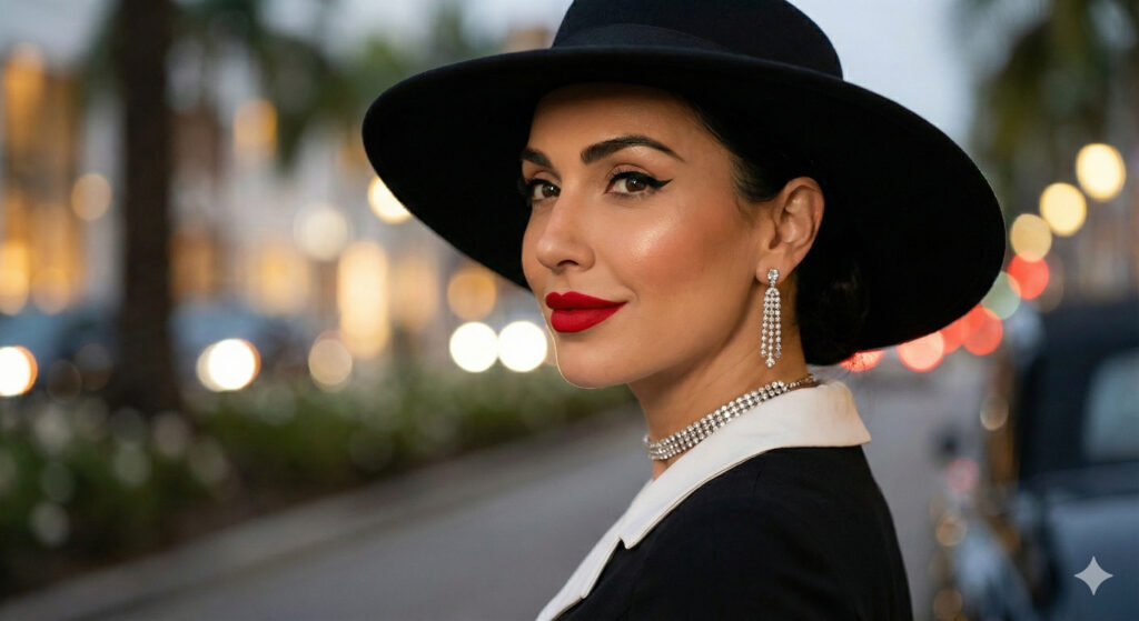 Create an elegant editorial portrait of a woman looking over her shoulder, with soft cinematic highlights on her face. Keep her face identical to the uploaded photo. She wears long diamond earrings, a diamond choker and the same clothing and hat. Use premium portrait lighting and smooth background blur.