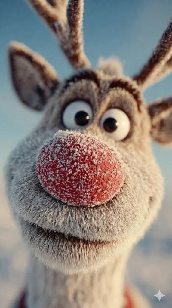 19 Gemini Nano Banana Pro Prompts for Christmas Extreme close-up of funny reindeer face covered in frost, big round cartoon eyes looking at camera, large red nose covered with ice crystals and frost, grey brown fuzzy fur with frozen texture, small antlers, silly goofy expression, pale blue winter sky background, shallow depth of field, 3D animated movie style, humorous christmas character, Use aspect ratio 9:16