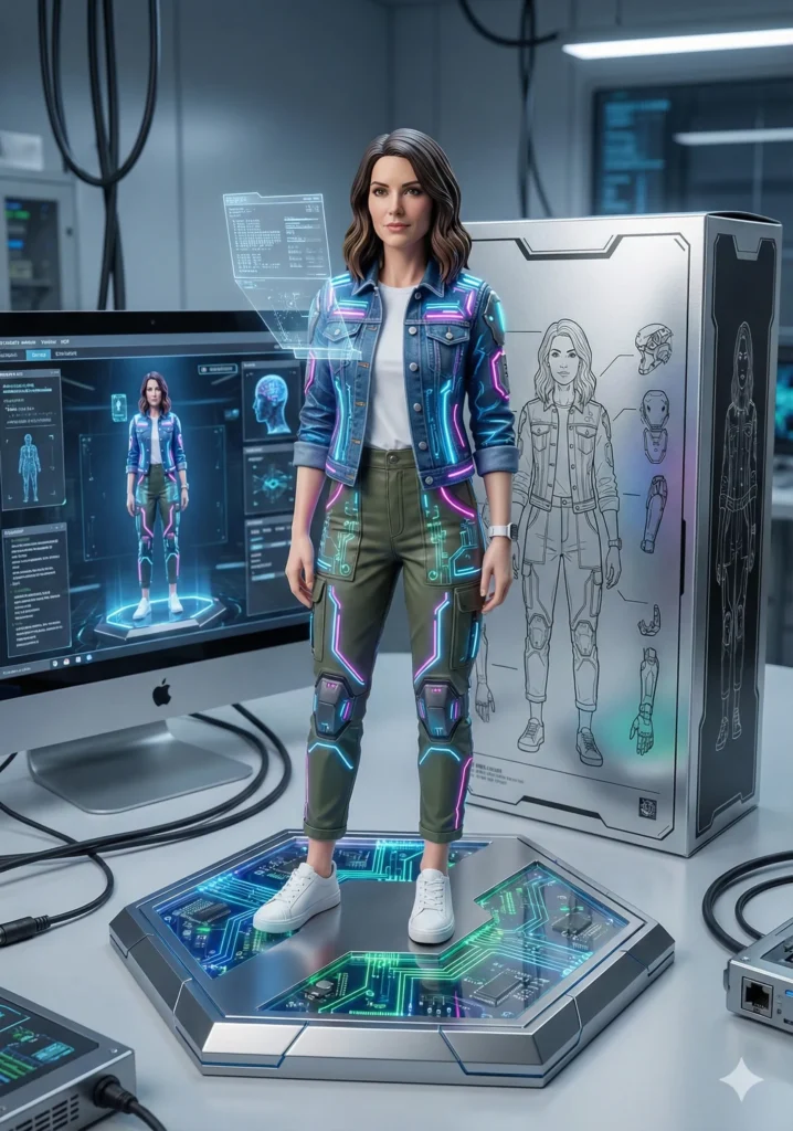 Design a 1/8 scale commercialized figurine of the characters in the picture, in a futuristic cyberpunk style with neon accents and holographic projections, placed in a high-tech lab environment. The figurine is mounted on a sleek hexagonal metallic base that’s semi-transparent with embedded circuits, text-free. On the computer monitor, display a advanced AI rendering process of this figurine in virtual reality. Adjacent to the screen is a premium sci-fi collectible packaging box, styled like elite gaming merchandise, with glossy metallic prints and two-dimensional flat schematics as artwork.