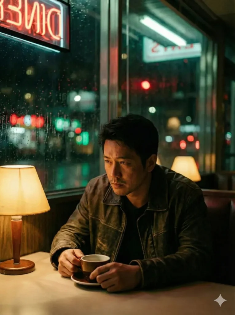 Create a cinematic shot, inspired by Wong Kar-wai films, of a person sitting alone in a retro diner late at night. They are staring into a cup of coffee, lost in thought. Outside the window, blurry city lights create a bokeh effect of reds and greens. The subject’s face is illuminated by the soft, warm glow of a table lamp, casting deep, moody shadows. The skin texture should look natural, showing pores and slight imperfections. Use aspect ratio 3:4.