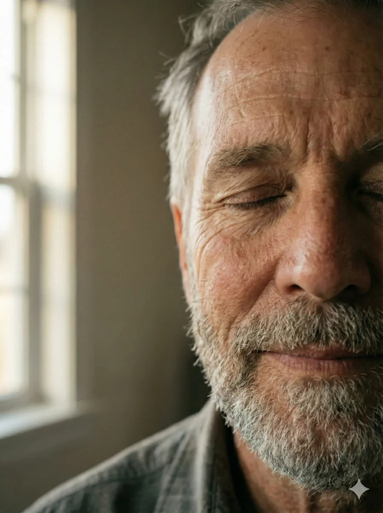 Create a soulful close emotional portrait of a man with closed eyes, slow calm expression as if breathing in peace, soft morning light illuminating half of his face, minimal background with soft blur, natural skin tones, visible pores and fine lines, intimate framing, quiet emotional mood, realistic cinematic photography. Use aspect ratio 3:4.