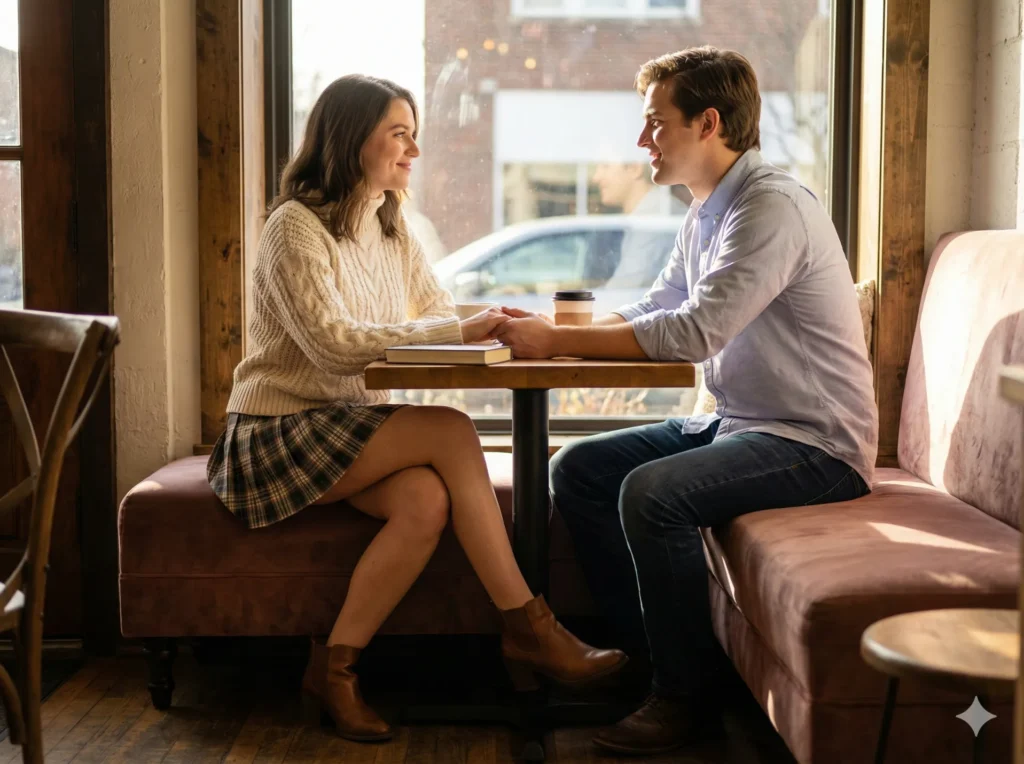 11 Gemini Nano Banana Pro Prompts for Portrait Ideas for Perfect HD Shots Prompt: Generate a 4K ultra-HD portrait of a stylish american couple sitting together by a large café window. The girl wears a cream knit sweater with plaid skirt and ankle boots, and the boy wears a pastel blue shirt with dark jeans. Capture cozy pose, eye contact, and soft smiles. Highlight outfit details, and warm sunlight streaming in. Ensure a trendy, intimate, and photogenic couple look.