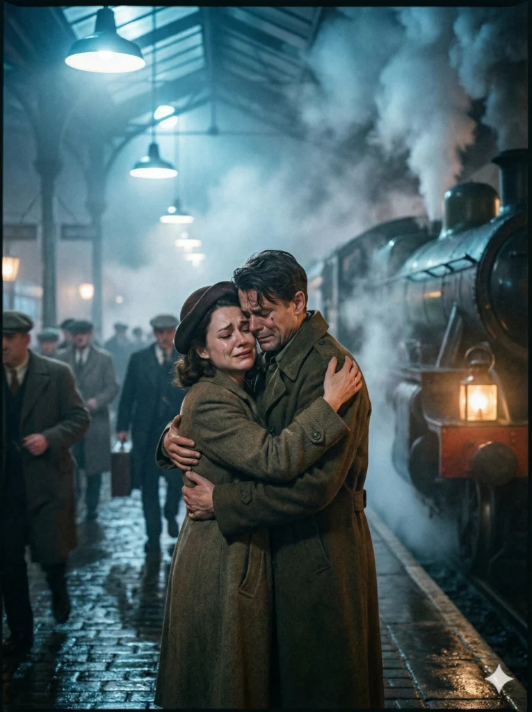 Create a cinematic, high-emotion shot of a couple reuniting at a foggy train station platform at night. They are embracing tightly, seemingly oblivious to the blurred, rushing crowd around them. The focus is on their expressions of sheer relief and longing. Steam from the train mixes with the cold air. The lighting is moody, with cool overhead station lights contrasting with the warmth of their embrace. Use aspect ratio 3:4.